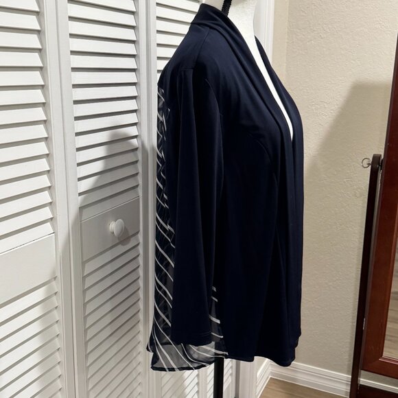 Chico’s Size 3 (XL 16/18) Navy Open Front Cardigan Striped Chiffon Back Mixed Me - Picture 2 of 8
